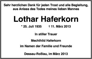 Traueranzeige von Lothar Haferkorn von Mitteldeutsche Zeitung Dessau-Roßlau