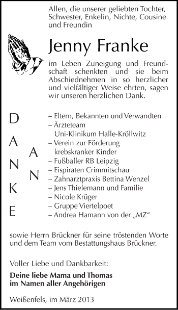 Traueranzeige von Jenny Franke von Mitteldeutsche Zeitung Weißenfels