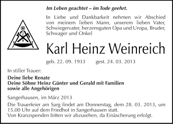 Traueranzeige von Karl Heinz Weinreich von Mitteldeutsche Zeitung Sangerhausen