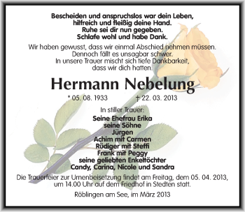 Traueranzeige von Hermann Nebelung von Mitteldeutsche Zeitung Mansfelder Land