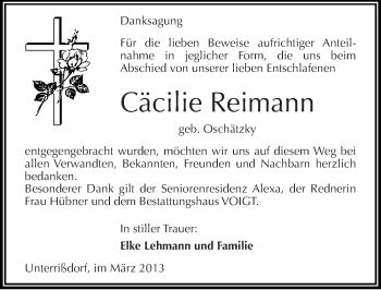 Traueranzeige von Cäcilie Reimann von Mitteldeutsche Zeitung Mansfelder Land