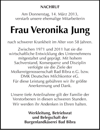 Traueranzeige von Veronika Jung von Mitteldeutsche Zeitung Naumburg/Nebra