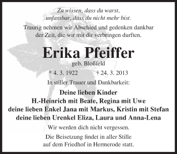 Traueranzeige von Erika Pfeiffer von Mitteldeutsche Zeitung Mansfelder Land