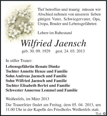 Traueranzeige von Wilfried Jaensch von Mitteldeutsche Zeitung Weißenfels