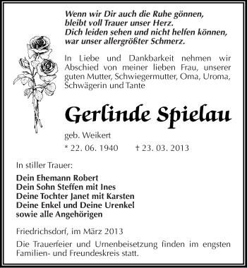 Traueranzeige von Gerlinde Spielau von Mitteldeutsche Zeitung Köthen