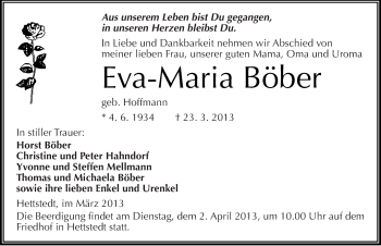 Traueranzeige von Eva-Maria Böber von Mitteldeutsche Zeitung Mansfelder Land