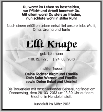Traueranzeige von Elli Knape von Mitteldeutsche Zeitung Wittenberg