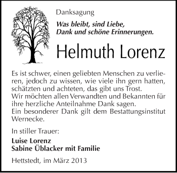 Traueranzeige von Helmuth Lorenz von Mitteldeutsche Zeitung Mansfelder Land