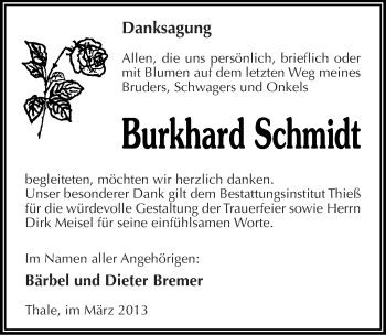 Traueranzeige von Burkhard Schmidt von Mitteldeutsche Zeitung Quedlinburg