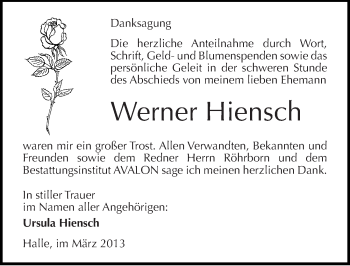 Traueranzeige von Werner Hiensch von Mitteldeutsche Zeitung Halle/Saalkreis