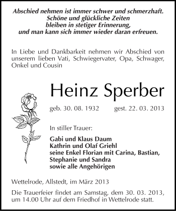Traueranzeige von Heinz Sperber von Mitteldeutsche Zeitung Sangerhausen