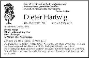 Traueranzeige von Dieter Hartwig von Mitteldeutsche Zeitung Halle/Saalkreis