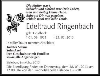 Traueranzeige von Edeltraud Ringenbach von Mitteldeutsche Zeitung Mansfelder Land