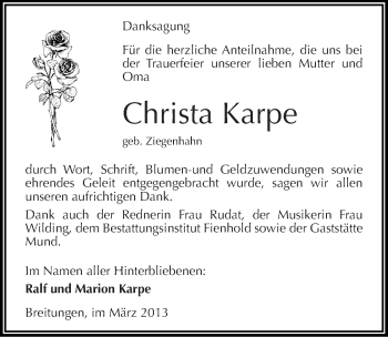 Traueranzeige von Christa Karpe von Mitteldeutsche Zeitung Sangerhausen