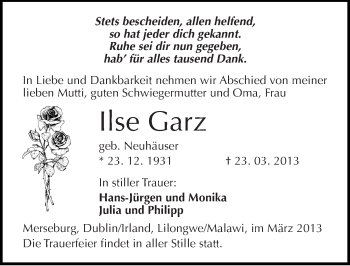 Traueranzeige von Ilse Garz von Mitteldeutsche Zeitung Weißenfels