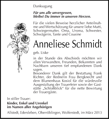 Traueranzeige von Anneliese Schmidt von Mitteldeutsche Zeitung Sangerhausen