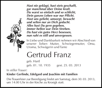 Traueranzeige von Gertrud Franz von Mitteldeutsche Zeitung Halle/Saalkreis