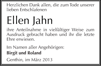 Traueranzeige von Ellen Jahn von Mitteldeutsche Zeitung Dessau-Roßlau