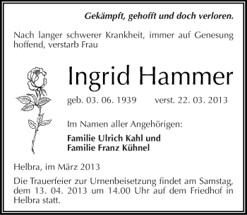Traueranzeige von Ingrid Hammer von Mitteldeutsche Zeitung Mansfelder Land