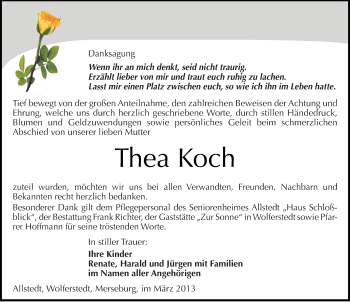Traueranzeige von Thea Koch von Mitteldeutsche Zeitung Sangerhausen