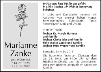 Traueranzeige von Marianne Zanke von Mitteldeutsche Zeitung Merseburg/Querfurt