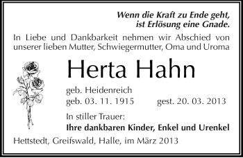 Traueranzeige von Herta Hahn von Mitteldeutsche Zeitung Mansfelder Land