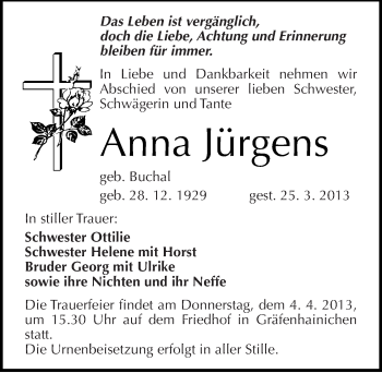Traueranzeige von Anna Jürgens von Mitteldeutsche Zeitung Wittenberg