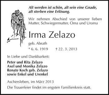 Traueranzeige von Irma Zelazo von Mitteldeutsche Zeitung Aschersleben