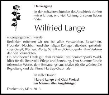 Traueranzeige von Wilfried Lange von Mitteldeutsche Zeitung Quedlinburg