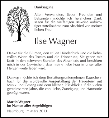 Traueranzeige von Ilse Wagner von Mitteldeutsche Zeitung Naumburg/Nebra