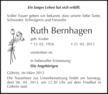 Traueranzeige von Ruth Bernhagen von Mitteldeutsche Zeitung Merseburg/Querfurt
