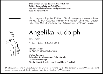 Traueranzeige von Angelika Rudolph von Mitteldeutsche Zeitung Dessau-Roßlau