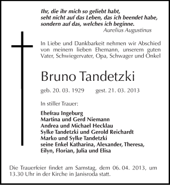 Traueranzeige von Bruno Tandetzki von Mitteldeutsche Zeitung Naumburg/Nebra