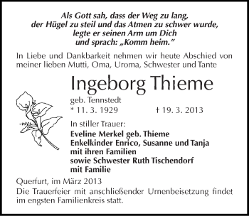 Traueranzeige von Ingeborg Thieme von Mitteldeutsche Zeitung Merseburg/Querfurt