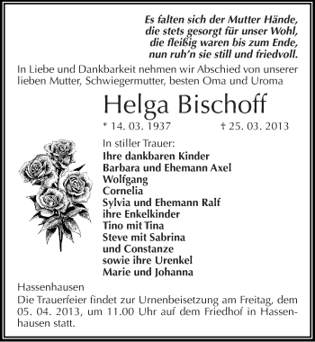 Traueranzeige von Helga Bischoff von Mitteldeutsche Zeitung Naumburg/Nebra
