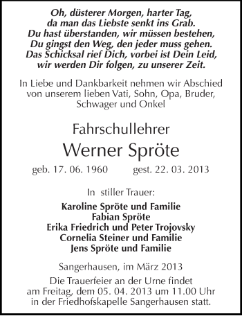 Traueranzeige von Werner Spröte von Mitteldeutsche Zeitung Sangerhausen