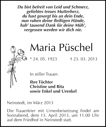 Traueranzeige von Maria Püschel von Mitteldeutsche Zeitung Quedlinburg