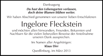 Traueranzeige von Ingelore Fleckstein von Mitteldeutsche Zeitung Quedlinburg