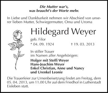 Traueranzeige von Hildegard Weyer von Mitteldeutsche Zeitung Mansfelder Land