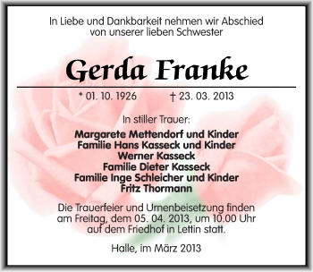 Traueranzeige von Gerda Franke von Mitteldeutsche Zeitung Halle/Saalkreis