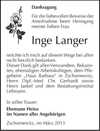 Traueranzeige von Inge Langer von Mitteldeutsche Zeitung Wittenberg