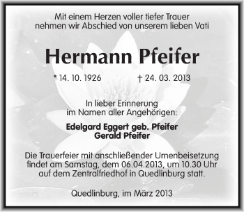 Traueranzeige von Hermann Pfeifer von Mitteldeutsche Zeitung Quedlinburg