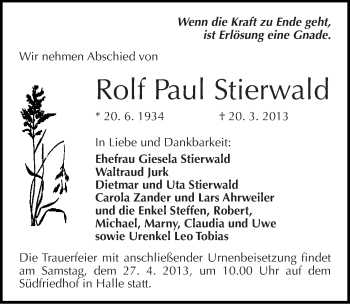 Traueranzeige von Rolf Paul Stierwald von Mitteldeutsche Zeitung Halle/Saalkreis