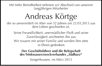 Traueranzeige von Andreas Körtge von Mitteldeutsche Zeitung Sangerhausen