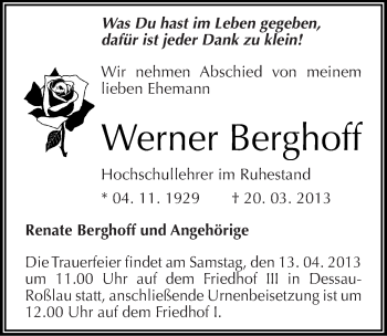 Traueranzeige von Werner Berghoff von Mitteldeutsche Zeitung Dessau-Roßlau