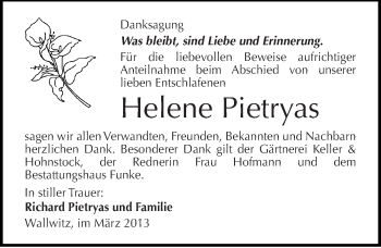 Traueranzeige von Helene Pietryas von Mitteldeutsche Zeitung Halle/Saalkreis