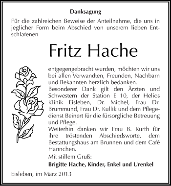Traueranzeige von Fritz Hache von Mitteldeutsche Zeitung Mansfelder Land