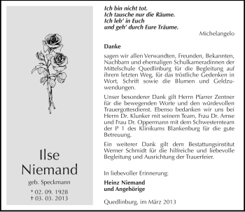 Traueranzeige von Ilse Niemand von Mitteldeutsche Zeitung Quedlinburg