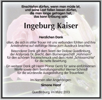 Traueranzeige von Ingeburg Kaiser von Mitteldeutsche Zeitung Quedlinburg