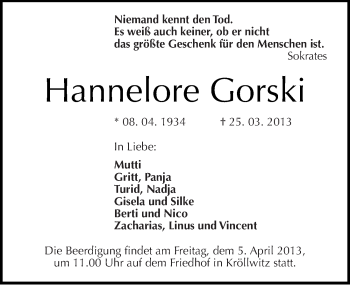 Traueranzeige von Hannelore Gorski von Mitteldeutsche Zeitung Halle/Saalkreis